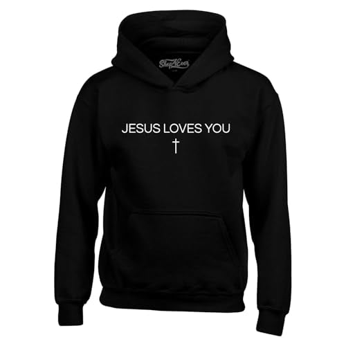 shop4ever Jesus Loves You Minimal Cross Hoodie Sweatshirts - color: Black, size: Small