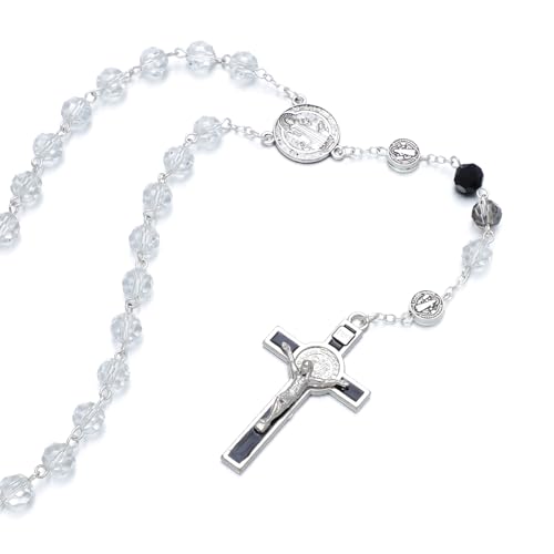 KOMI Crystal Rosary Beads with Jesus Crucifix, Catholic Necklace for Women First Communion Rosarios Wedding Rosary with Velvet Bag - style: 8MM-B