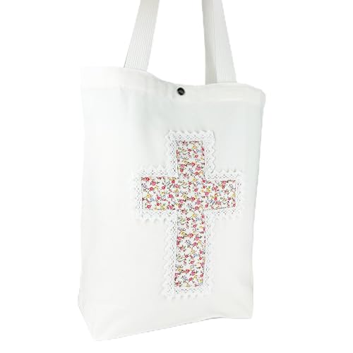 Christian Tote Bag Gift for Women, Canvas Bible Bag Handmade Floral Cross - color: White-pink Mini Roses