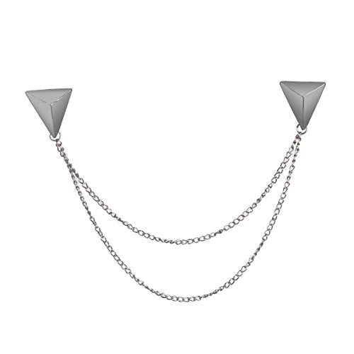 Stud Double Chain Brooch Pin,Shirts Neck Collar Tips with Tassel Chain,Blouse Lapel Pin for Suits - color: Silver