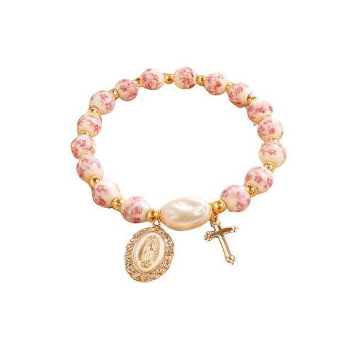 Stretchy Virgin Mary Bracelet with Cross Charm - Multi-Color Pearl Crystal Beaded Catholic Religious Jewelry for Women, Christian Gift for Baptism Confirmation First Communion - color: Pink A