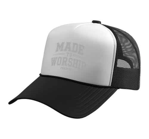 Made to Worship The Lord God Bible Christian Faith Trucker Hat with Adjustable Mesh Back - color: Black/White