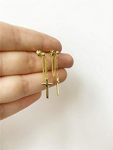 Cross Dangle Drop Earrings 925 Sterling Silver Chain Dropping for Women Girls Punk Ball Studs Hypoallergenic Jewelry - style: Gold Plated
