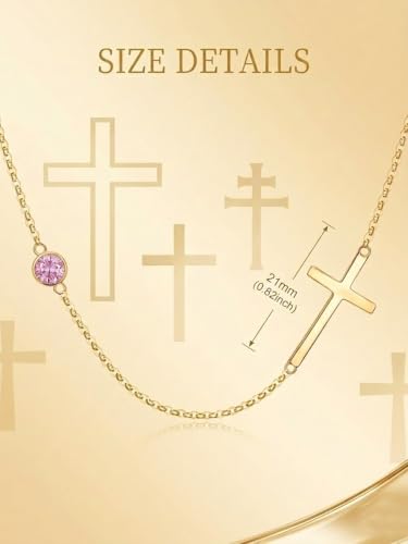 OJK 14K Gold Cross Necklace for Women Sideways Cross Birthstone Jewelry - color: 10-Pink Tourmaline