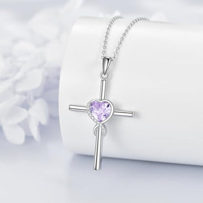 S925 Sterling Silver Cross Necklace for Women Birthstone Necklace Heart Infinity Cross Pendant Necklace Christmas Valentines Day Gifts Birthday Holiday Gifts for Her, 18"+2" Inches - color: 06-Jun Birthstone - Alexandrite