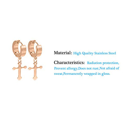 Men Women Stainless Steel Cross Earrings Set Dangle Hinged Earrings of Dangle Hinged Earrings Cross hoop Earrings - color: 5 Pairs Cross Earrings (Black+Silver+Gold+Rose god+blue) Korean style