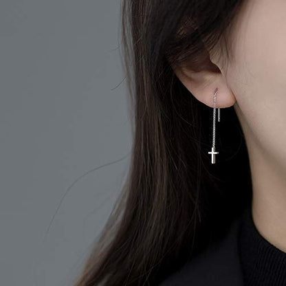 Minimalist Cross Threader Tassel Dangle Earrings S925 Sterling Silver Charm Long Dangling Drop Earring Fashion Jewelry Gift for Women Sensitive Ears Valentines Day Presents