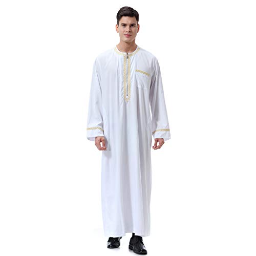 Lenmipot Men's Muslim Clothes Durable Kaftan Robe Dubai Long Gown Ethnic Clothes,1pc Soft Robe - color: A White, size: Medium