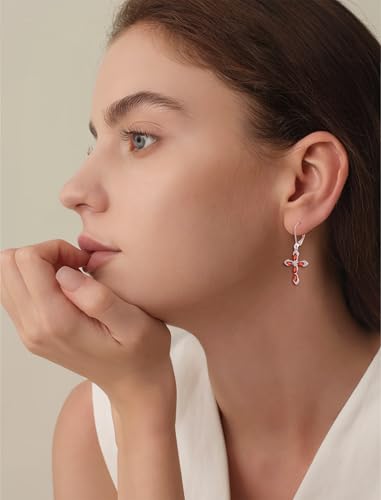 Birthstone Cross Earrings for Women 925 Sterling Silver - color: 01 January - Garnet