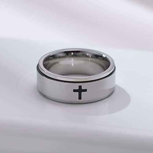 8MM Stainless Steel Cross Christian Ring Classic Plain Spinner Wedding Band for Men Women - color: 8mm - Silver