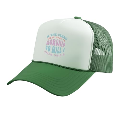 Christian Faith If Stars were Made to Worship Bible Verse Trucker Hat with Adjustable Mesh Back - color: Kelly Green/White