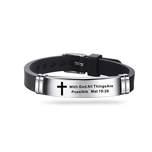 Inspirational Quote Cross Bracelets Faith Christian Bible Verse Silicone ID Wristband Religious Gifts for Men Women Stainless Steel Rubber Adjustable - style: With God All Things Are Possible