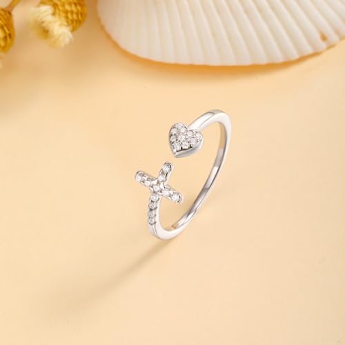Adjustable Cross Rings for Women - 925 Sterling Silver Christian Rings for Daughter, Dainty Heart Rings, Non-Tarnish Faith Rings for Women & Daughter - Meaningful Easter, Christmas, or Birthday Gift