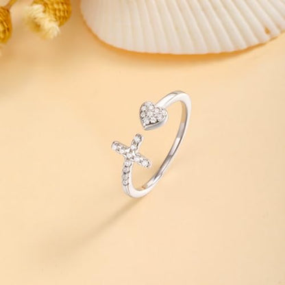 Adjustable Cross Rings for Women - 925 Sterling Silver Christian Rings for Daughter, Dainty Heart Rings, Non-Tarnish Faith Rings for Women & Daughter - Meaningful Easter, Christmas, or Birthday Gift