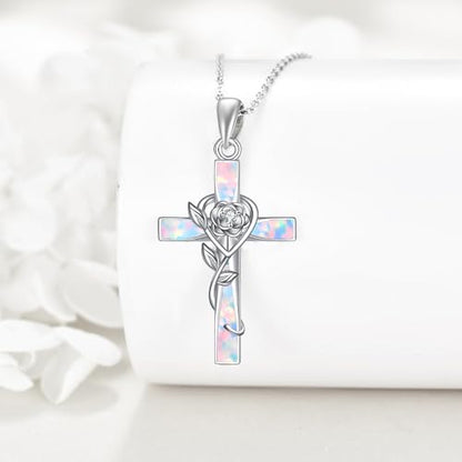 ONEFINITY Cross Necklace 925 Sterling Silver Cross Pendant Religious Jewelry Gifts - style: opal rose cross
