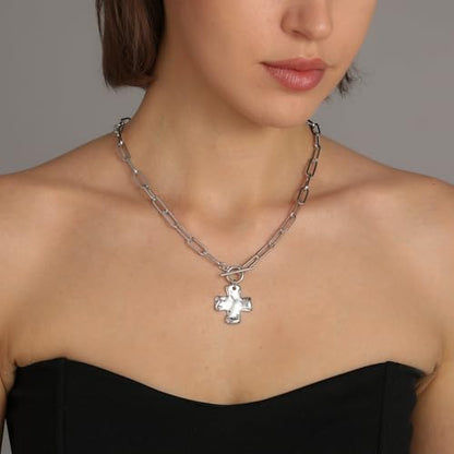 Bheop Chunky Cross Necklace for Women, 14K Gold Silver Statement Necklace - color: SL-Toggle Necklace（1 inch Pendant)