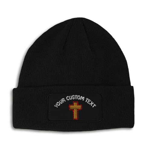 Patch Beanie Wooden Cross Jesus Christ Christian Skull Cap Hats for Men & Women Winter One Size - color: Black Personalized Text Here