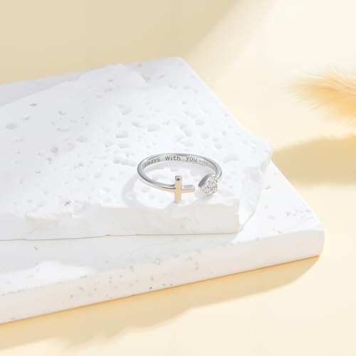 Diamond Cross Rings for Women 925 Sterling Silver Adjustable Cross Dainty Heart Rings with Lab Grown Diamond Christian Gifts for Meaningful Christmas, or Birthday Jewelry