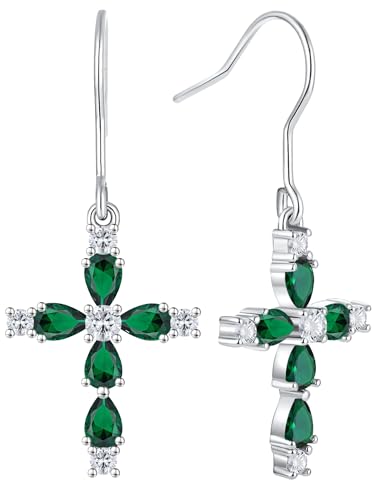 YL 925 Sterling Silver Cross Dangle Earrings Halo Birthstone Hook Earrings Religious Jewelry for Women - color: 5-emerald-May