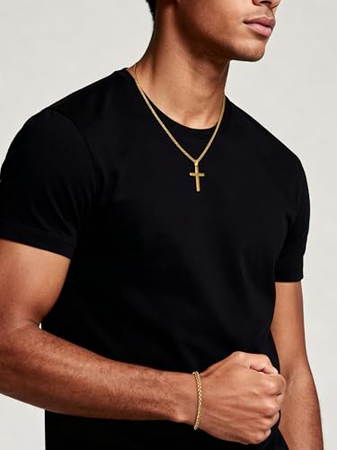 NORBU Stainless Steel Cross Necklace and Bracelet Set for Men, Cuban Link - color: Gold Wheat