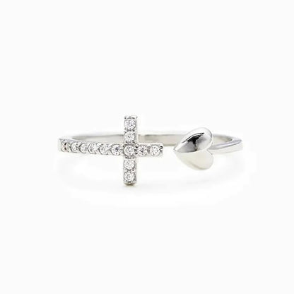 ZDIFDIC Cross Rings for Teen Girls Silver/Gold Heart Ring Cubic Zirconia Adjustable Ring Inspirational Pray Cross Heart Religious Christian Faith Jewelry Gifts for Her(Silver)10#, KK-R023-SZJS10 - color: silver 10#