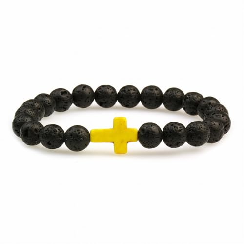 FORUBUS Lava Rock Stone Beaded Bracelet, Cross Charm Natural Volcanic Stone beads Turquoise Stretch Bracelet for Women Men Religion Jewelry Pray Baptism Gift - color: 1pcs yellow