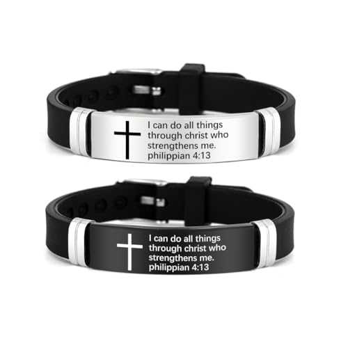 2Pcs Cross Bracelet with Bible Verse,Inspirational Quote Wristband Adjust Silicone Band Scripture Bracelets Faith Inspirational Baptism Gift Daily Reminder Jewelry for Men Women Couples - style: Phil 4 13