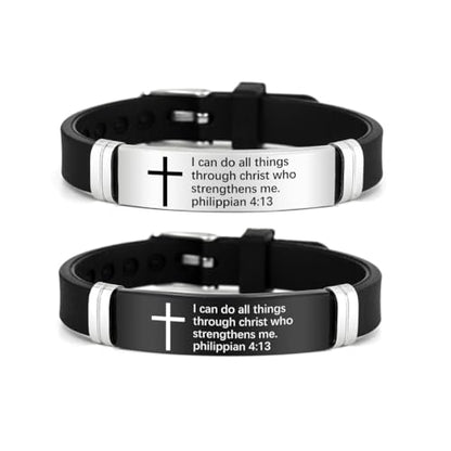 2Pcs Cross Bracelet with Bible Verse,Inspirational Quote Wristband Adjust Silicone Band Scripture Bracelets Faith Inspirational Baptism Gift Daily Reminder Jewelry for Men Women Couples - style: Phil 4 13