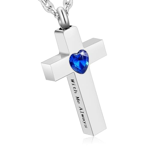 Cremation Cross Necklace for Ashes Stainless Steel Cross Urn Pendant Ashes Holder Memorial Jewelry-With Me Always - style: Blue Heart