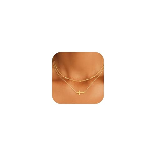Cross Necklace for Women - Dainty 14K Real Silver Gold Plated Layered Pendant Necklace Stack Simple Trendy Cute Charm Choker Necklaces Jewelry Gift for Teen Her - style: Horizontal Cross Set 2
