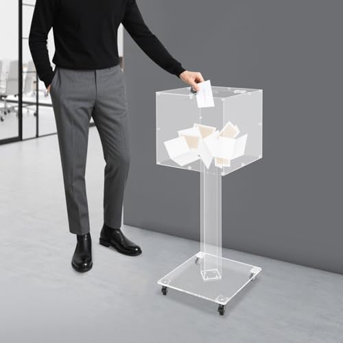 Suggestion Box with Lock and Key Donation Box with Stand and Wheel Acrylic Ballot Box Standing Offering Box for Church, Office, Voting (Clear, Round Hole) - color: Clear, size: Round Hole