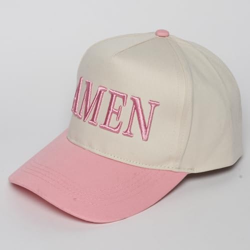 MIRMARU Christian Theme Embroidered 5 Panel Cotton Trucker Hat Snapback Cap for Men and Women - color: Amen,pink