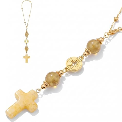Cross for Car Mirror Hanging, Drive Safe Rear View Mirror Cross Ornament Charm for Women, Crystal Car Decor, Peace Hope Healing Christian Gift for Driver Mom Daughter Friends (Golden Citrine) - color: Golden Citrine
