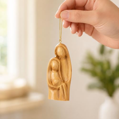 Olive Wood Christmas Ornament – Holy Family Nativity Ornament for Christmas Tree Decor, Handmade in Bethlehem The Holy Land, Christian Religious Gift, 3 x 2 Inch