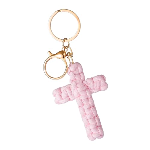 Knit Cross keychain Christian Gifts for Women Men Religious Gifts Bohe Backpack Charms Christian Keychain - color: Pink
