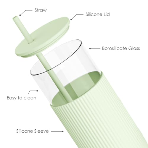 SANDJEST Glass Water Bottle with Silicone Sleeve 20oz, Glass Tumbler with Straw and Lid, Smoothie and Iced Coffee Cup, Gifts for Women Teen Girls Birthday Christmas (Soft Mint) - color: Soft Mint