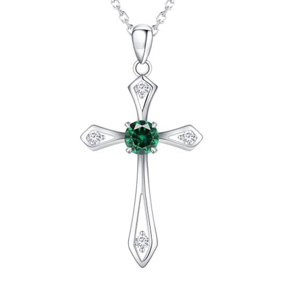 Cross Necklace for Women,925 Sterling Silver Faith Jewerly Gift - color: 05-May-Emerald