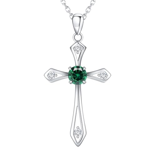 Cross Necklace for Women,925 Sterling Silver Faith Jewerly Gift - color: 05-May-Emerald