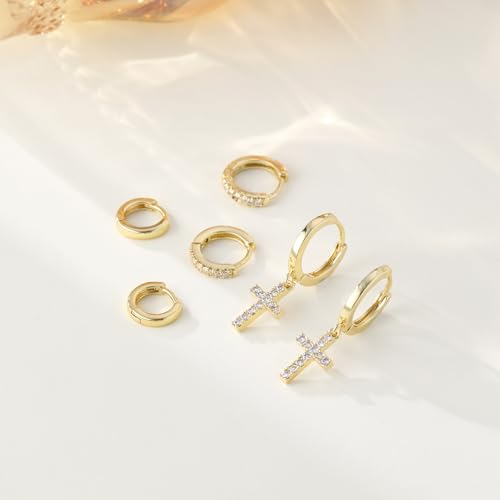 Rotnso Gold Hoop Earrings Set for Women Hypoallergenic Trendy Huggie Stack - style: 3 Pairs Cross Hoops-GD