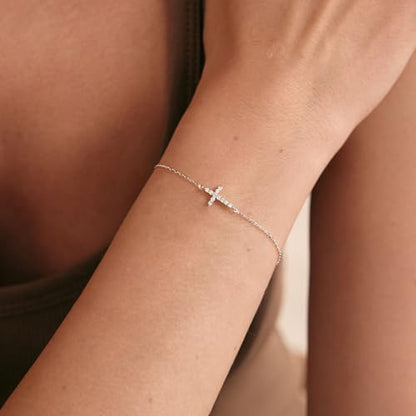 Moodear Cross Bracelet for Women, Dainty Sterling Silver/Gold Plated Gift - color: CZ Silver Cross Bracelet