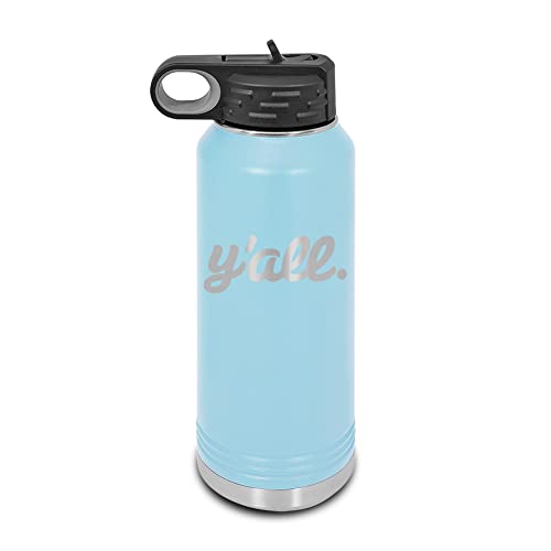 Y'all Laser Engraved Water Bottle Customizable Polar Camel Stainless Steel with Straw - southern script you all you’ll Light Blue 32 oz - color: Light Blue