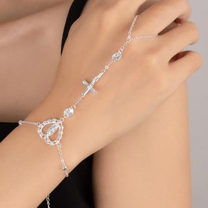 Gold Hand Chain Bracelets for Women, 18K Gold Plated Dainty Ring Bracelet Hand Chain Trendy Finger Ring Bracelet Hand Chains Jewelry Gifts for Women - color: Silver