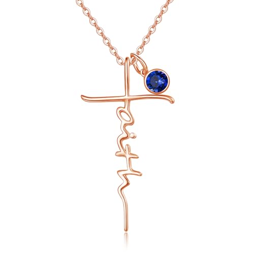 PRAYMOS Faith Cross Necklace for Women 925 Sterling Silver Pendant Necklace With Birthstone Initial Christian Religious Confirmation Baptism Mothers Day Gifts - color: 4-Rose Gold February(Amethyst)