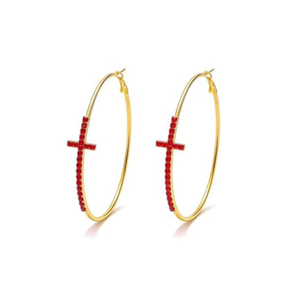 Large Cross Hoop Earrings for Women Sparkly Rhinestone Statement Jewelry for Prom Wedding Party Night Out Accessories Shiny Silver Tone Fashion Dangle Earings - color: Red