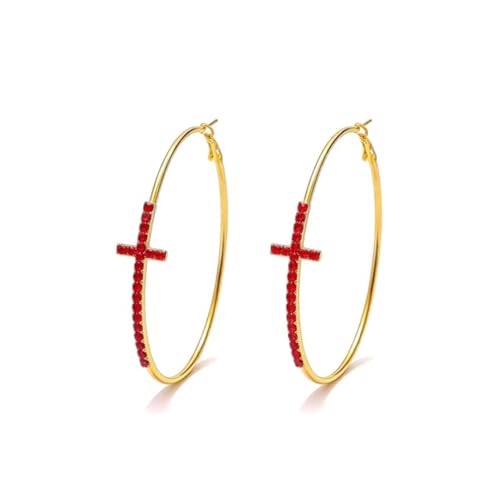 Large Cross Hoop Earrings for Women Sparkly Rhinestone Statement Jewelry for Prom Wedding Party Night Out Accessories Shiny Silver Tone Fashion Dangle Earings - color: Red