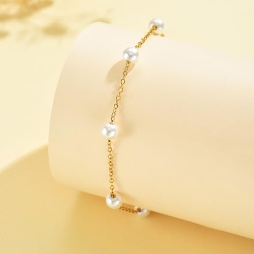 18K Gold Plated Pearl Beaded Cross Bracelets for Women Adjustable - color: Multi Pearls-Gold