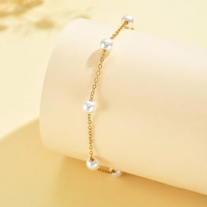 18K Gold Plated Pearl Beaded Cross Bracelets for Women Adjustable - color: Multi Pearls-Gold