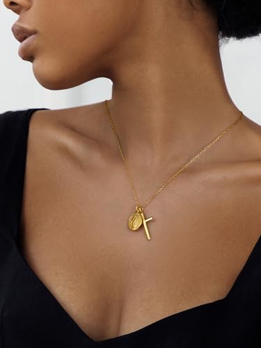 925 Miraculous Medal Necklace for Women, 18K Gold Virgin Mary Cross Pendant - color: Gold