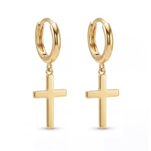 MYEARS Women Earrings Gold Huggie Hoop Dangle Drop 14K Gold Plated Small Simple Hypoallergenic Everyday Jewelry - style: Cross