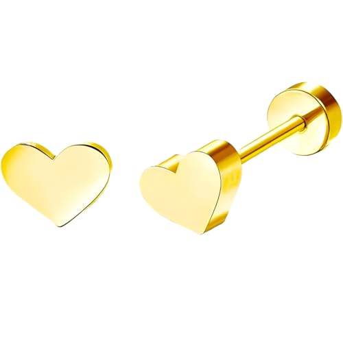 Stainless Steel Stud Earring 1 Pair Gold Small Flatback Earrings Helix Hypoallergenic Flat Back Jewellery Dainty Screwback Tiny Jewelry for Sensitive Ears Women Ladies Aretes De Mujer - style: Heart